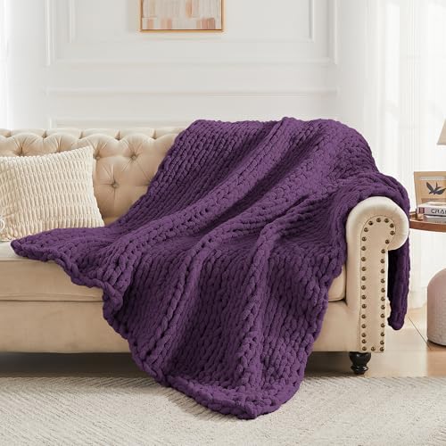 Carriediosa Chunky Knit Throw Blanket 60 x 80, 100% Hand Made, Dark Purple - color: Dark Purple, size: 60" X 80"
