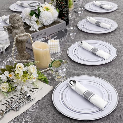 WELLIFE 350-Piece Silver Plastic Dinnerware Set - Disposable 10.25" Dinner Plates, 7.5" Dessert Plates, 9oz Silver Rim Cups & Cutlery for Weddings - 50 Guest Service - Elegant Disposable Silverware - color: Silver, style: 350PCS（50 Guests）