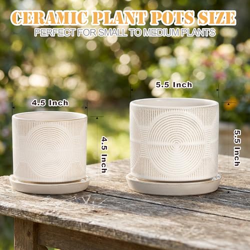 Ceramic Plant Pots, Modern Flower Pots, 4.5+5.5 Inch Small Plant Pots - color: White