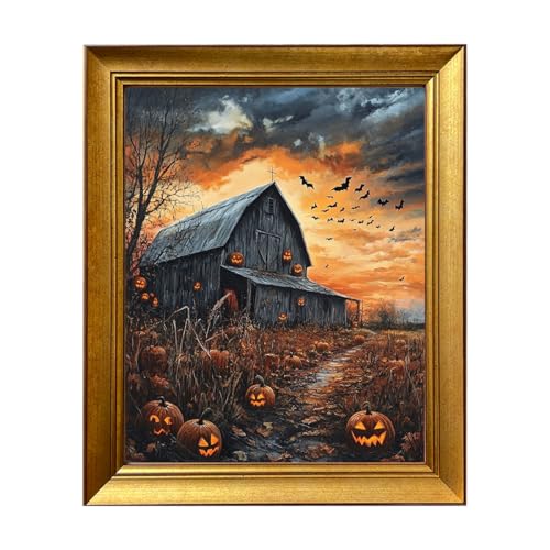 Vintage Gold Framed Halloween Wall Art, Spooky Haunted House Canvas Print, Gothic Wall Decor, Fall Pumpkin Picture Painting for Home Decoration, 10x12in Ready to Hang - color: Haunted Barn Halloween Pumpkin Farm Scene with Sunset Sky, size: 12"L x 10"W