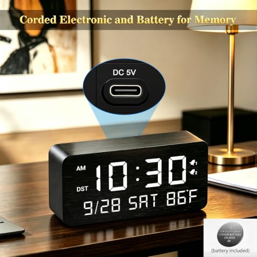 Premium Wooden Digital Alarm Clock with USB Charging Ports, Dimmable LED Display, Date, Day of Week, Temperature, DST, Clocks for Bedrooms, Desk, Nightstand, Bedside, Table, Office, Living Room Decor - color: Rectangle - Black