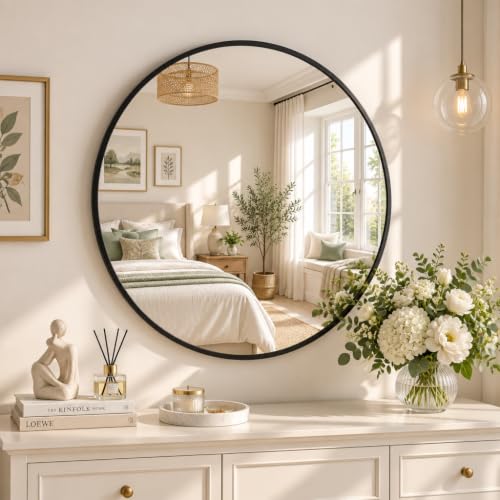 BEAUTYPEAK 24 Inch Round Mirror, Metal Frame Circle Mirror, Black - color: Black, size: 24"L x 24"W