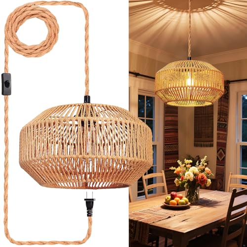 Maliralt Hanging Lamps Rattan Pendant Light Hanging Lights 16.4ft Plug in Cord Pendant Light Fixture Plug Into Wall Outlet Pendant Lighting with On Off Switch for Bedroom Living (Pumpkin Shade) - size: 11.8 Inch - Pumpkin Shade