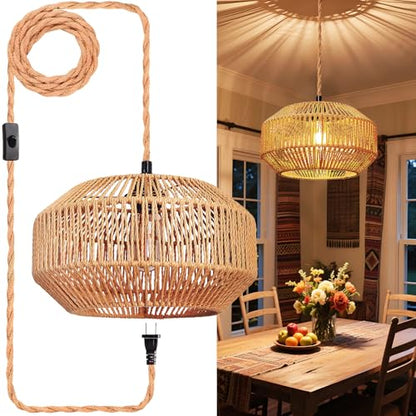 Maliralt Hanging Lamps Rattan Pendant Light Hanging Lights 16.4ft Plug in Cord Pendant Light Fixture Plug Into Wall Outlet Pendant Lighting with On Off Switch for Bedroom Living (Pumpkin Shade) - size: 11.8 Inch - Pumpkin Shade