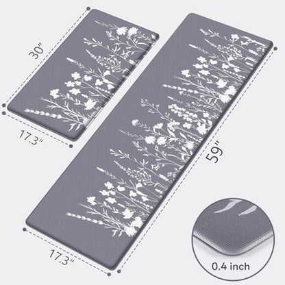 Kitchen Mats for Floor, 2-Piece Anti-Fatigue Kitchen Rugs, Grey - size: 17.3" x 30"+17.3" x 59"-0.4 inch