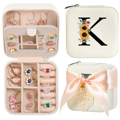 AYGXU Travel Jewelry Box for Women and Girls - Small Case With Initial A-Z - Teacher Gifts - color: white, size: K