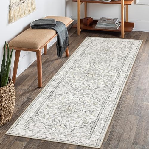 Lahome Oriental Bathroom Runner Rug,Washable 2x6 Beige Kitchen Runner Rug Non Skid Hallway Runner,Ultra-Thin Soft Rug Boho Indoor Floor Carpet Runner 6ft for Bedroom Entrway Laundry Room Helena - color: Beige/Ivory, size: 2' x 6' (Runner)