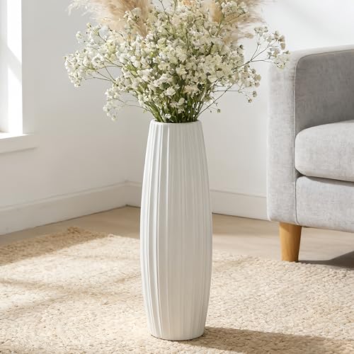 White Tall Ceramic Floor Vase, 17.7 Inch, Ribbed Drum Design - color: Vertical Stripes, size: Height-17.7 Inch