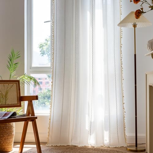 Deeprove White Boho Curtains 120 inch Extra Long for Bohemian Farmhouse Xmas Home Decoration, Semi Blackout Window Treatment, Privacy Embroidery Drape for Bedroom Living Room, 1 Panel W52 x L120 - color: White, size: 52"W x 120"L (Pack of 1)