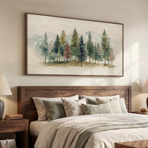 Large Framed Watercolor Pine Tree Forest Wall Art for Living Room, 60x30 In - color: Beige