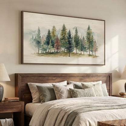 Large Framed Watercolor Pine Tree Forest Wall Art for Living Room, 60x30 In - color: Beige