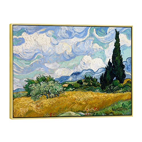 Wieco Art Framed Canvas Art Wheat Field with Cypresses by Van Gogh Classical Paintings Reproduction Modern Canvas Print Wall Art Landscape Pictures Artwork for Home Office Decor - size: 32"L x 24"W