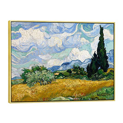 Wieco Art Framed Canvas Art Wheat Field with Cypresses by Van Gogh Classical Paintings Reproduction Modern Canvas Print Wall Art Landscape Pictures Artwork for Home Office Decor - size: 32"L x 24"W