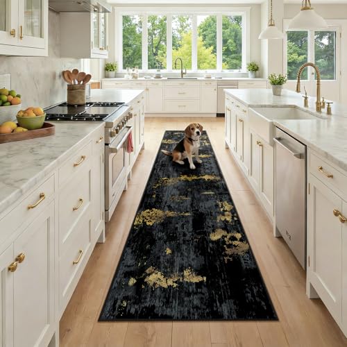 RELEANY Washable Runner 2'x9' Abstract Area Rug for Hallway Black Gold - color: Black/Gold, size: 2' x 9' (Runner)