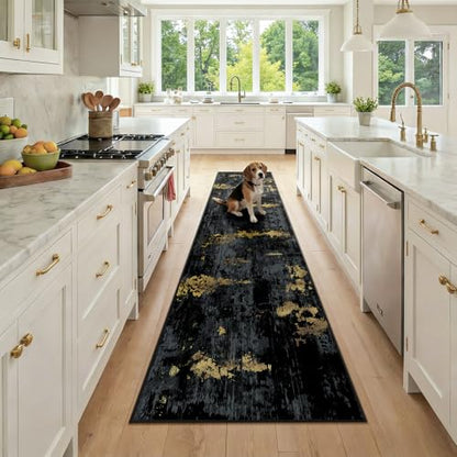 RELEANY Washable Runner 2'x9' Abstract Area Rug for Hallway Black Gold - color: Black/Gold, size: 2' x 9' (Runner)