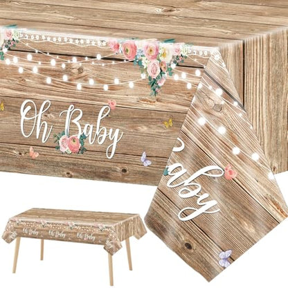 Tevxj 3 Pieces Wood Baby Shower Tablecloth Oh Baby Lace Rustic Floral Party Plastic Table Covers for Girl and Boy Floral Theme Party Decorations Supplies 54X108inch - style: Oh Baby