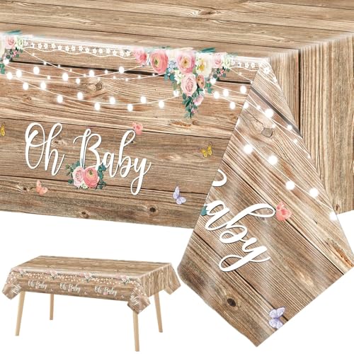 Tevxj 3 Pieces Wood Baby Shower Tablecloth Oh Baby Lace Rustic Floral Party Plastic Table Covers for Girl and Boy Floral Theme Party Decorations Supplies 54X108inch - style: Oh Baby