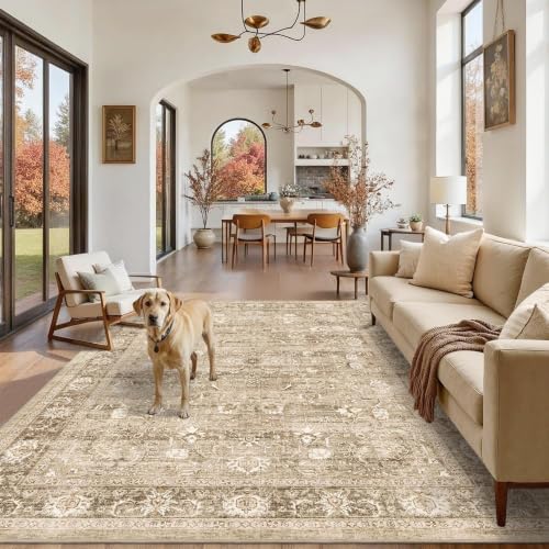 6x9 Washable Bedroom Area Rug Non-Slip Vintage Khaki Large Carpet - color: Accent | Beige Khaki, size: 6' x 9' (Rectangular)