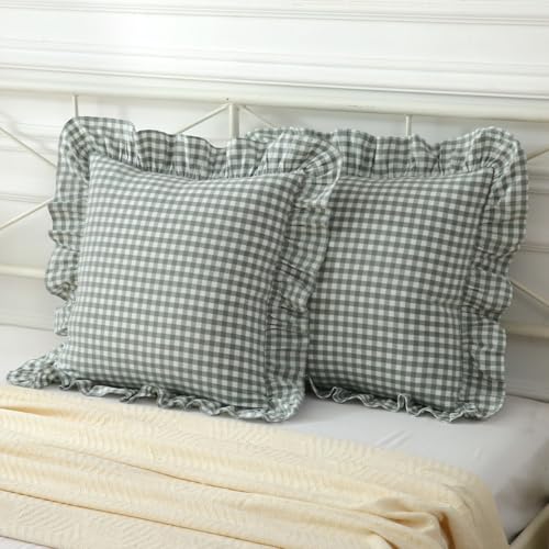 Mywinlle Dusty Green Gingham Plaid Ruffle Throw Pillow Covers 20"x20" - color: Dusty Green, size: 20" x 20" (Pack of 2)