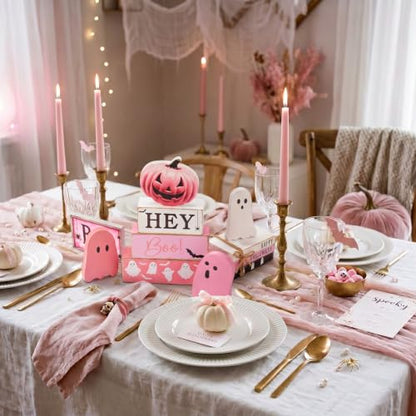 11 Pcs Halloween Table Decoration Pink Ghost Wooden Tiered Tray Decor Halloween Table Centerpiece Wooden Signs for Spooky Season Ghost Party Haunted Home Kitchen Shelf - style: Pink Ghost