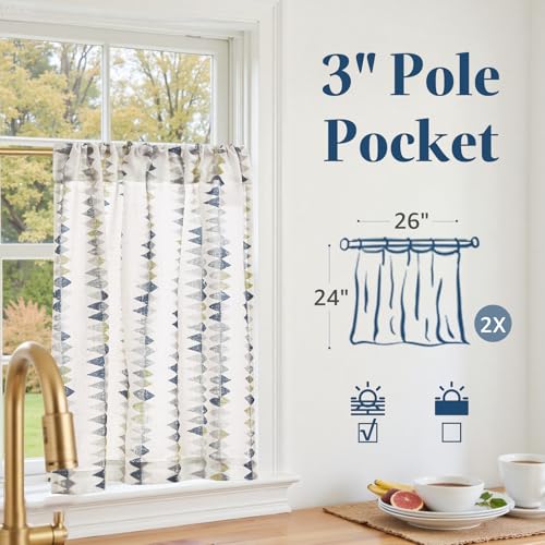 jinchan Dusty Blue Linen Kitchen Tier Curtains 24 Inch Modern Boho 2 Panels - color: Tribal | Dusty Blue on Linen, size: 26"W x 24"L (Pack of 2)