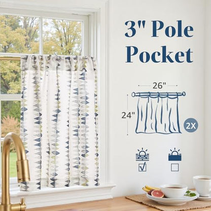 jinchan Dusty Blue Linen Kitchen Tier Curtains 24 Inch Modern Boho 2 Panels - color: Tribal | Dusty Blue on Linen, size: 26"W x 24"L (Pack of 2)