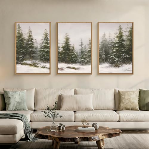 HPNIUB Vintage Pine Tree Landscape Framed Canvas Wall Art Set -16"x24"x3 - color: Snowy Forest Wall Art, size: 16"L x 24"W