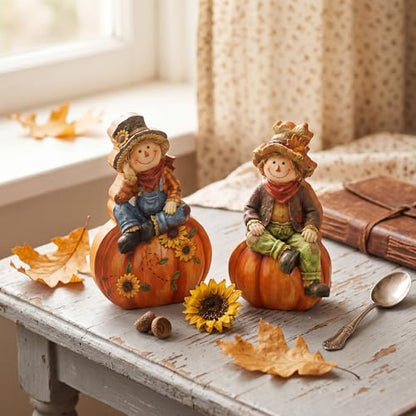 Yuntau 2 Pcs Fall Scarecrows Figurines Wooden Thanksgiving Table Decor - style: Fall Scarecrows
