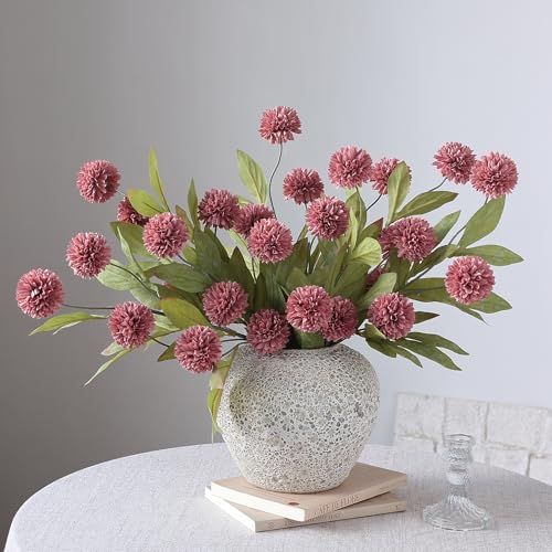 6 Pcs 27"Artificial Pompon Mum Silk Flower Stems for Vase (Warm Pink) - color: Warm Pink