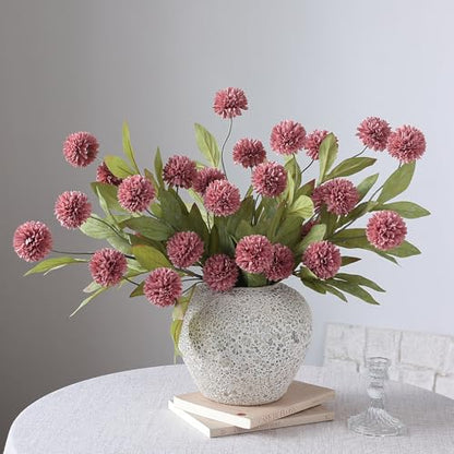 6 Pcs 27"Artificial Pompon Mum Silk Flower Stems for Vase (Warm Pink) - color: Warm Pink