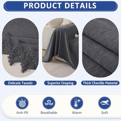 Chenille Couch Cover for Dogs Washable Boho Throw Blanket Washable - color: 01 Dark Gray, size: 71"×102"