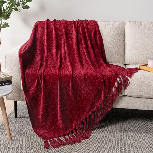 PAVILIA Chenille Throw Blanket Knit Sofa Couch Tassel Throw, Wine Red 50x60 - color: Red, size: 50 X 60 Inches - Throw