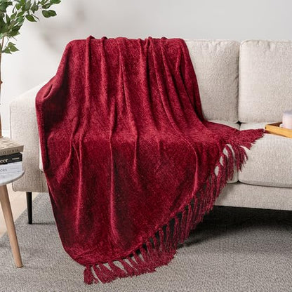 PAVILIA Chenille Throw Blanket Knit Sofa Couch Tassel Throw, Wine Red 50x60 - color: Red, size: 50 X 60 Inches - Throw