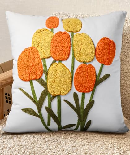 Embroidered Throw Pillow Cover, 18x18 Inch, Yellow Tulips - color: Yellow, size: 18" x 18" (Pack of 1)