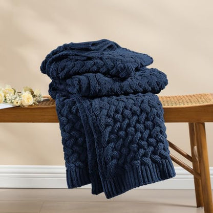 Deep Sea Blue Chunky Knit Throw Blanket,Extra Thick Cozy Sofa Blanket 50x60 - color: Deep Sea Blue, size: 50"x60"