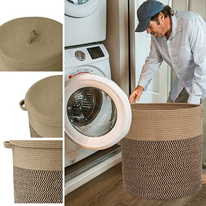 Extra Large Storage Basket with Lid 60L, 16"Wx18"H Woven Laundry Hamper Basket with Handle, Jute Rope Wicker Basket Blankets Pillows Storage in Living Room Baby Nursery, Jute/Black Mix includes Lid - color: Jute/Black Mix-16"Wx18"H