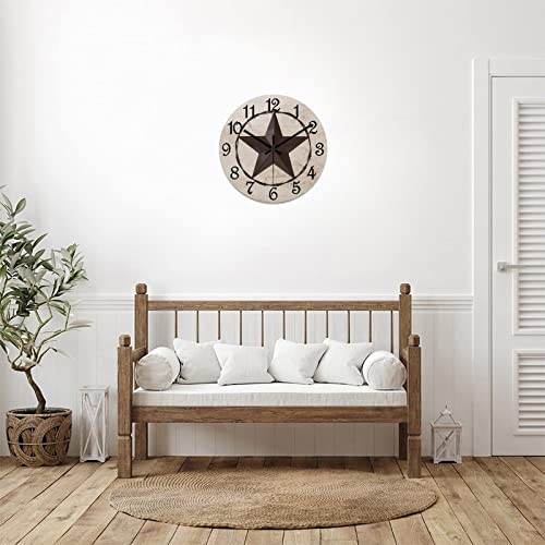 Round Farmhouse Wall Clock Western Texas Star Classic Style Wood Clock Silent Non-ticking Battery Operated Easy to Read Antique Wall Hanging Desk Clock for Living Room Kitchen Farmhouse 12 Inch - color: Style, size: 12in