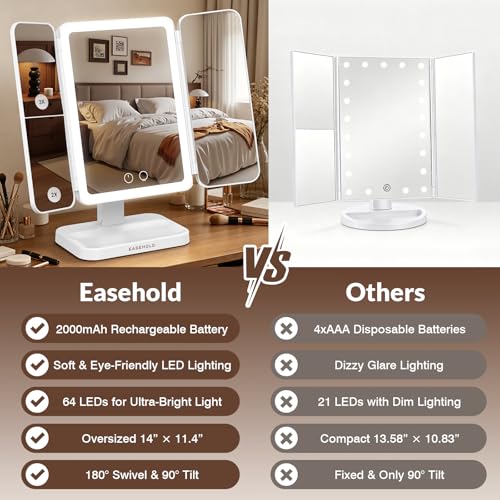 EASEHOLD Trifold Lighted Makeup Vanity Mirror with 1X/2X/3X Magnification - color: A-white- 2000 Mah Rechargable