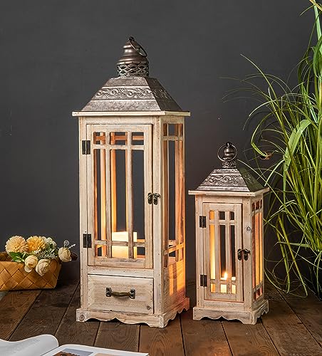 TIMRIS Large Rustic Wooden Metal Decorative Lantern Set of 2, Modern Farmhouse Floor Candle Lanterns with Drawer, Indoor/Outdoor Hanging Lanterns for Home Decor (No Glass) - color: Whitewash With Drawer
