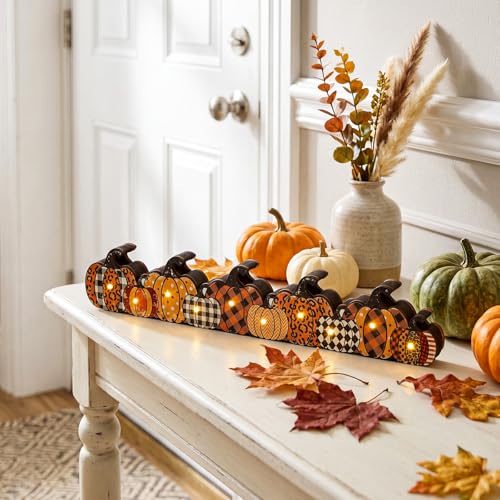 Yousoontic Fall Pumpkin Decor, LED Lighted Fall Table Centerpieces, Retro Plaid Leopard Wooden Pumpkin Sign Decorations 3D Block Farmhouse Decor for Autumn Harvest Thanksgiving Home Mantel Party - style: Plaid Pumpkin