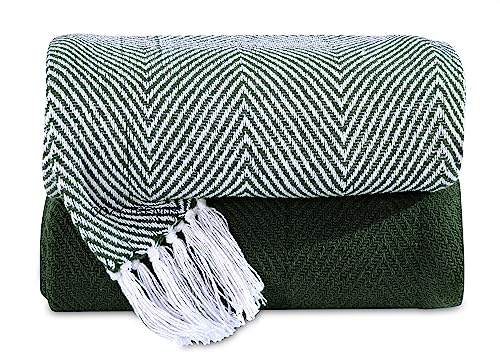 Cotton Throw Blankets - Rustic Ottoman Throw & Batik Chair Blanket Throw - Striped Throw Blanket with Fringe - Picnic Throw 50"x60" - Set of Two (Chevron Green) - color: Chevron Green