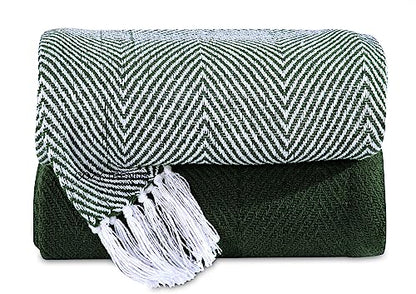 Cotton Throw Blankets - Rustic Ottoman Throw & Batik Chair Blanket Throw - Striped Throw Blanket with Fringe - Picnic Throw 50"x60" - Set of Two (Chevron Green) - color: Chevron Green