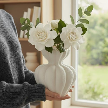 White Ceramic Vase, 8.2 Inch Modern Boho White Flower Vase for Home Decor, Unique Vase for Farmhouse Living Room Cabinet Table Centerpieces Wedding Decorations - size: Large