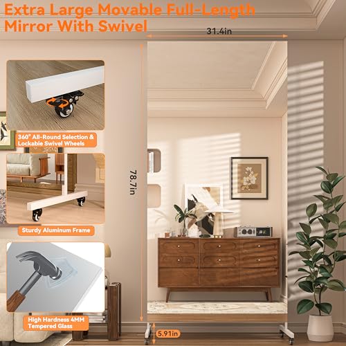 Hasipu 79" x 32" Full Length Floor Mirror on Wheels, White - size: 78.7"L x 31.4"W