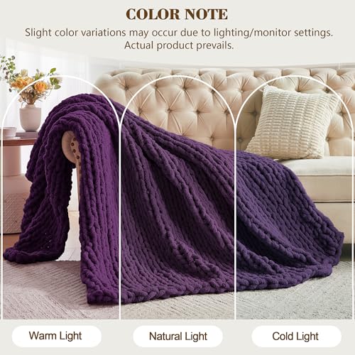 Carriediosa Chunky Knit Throw Blanket 60 x 80, 100% Hand Made, Dark Purple - color: Dark Purple, size: 60" X 80"