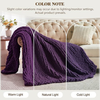 Carriediosa Chunky Knit Throw Blanket 60 x 80, 100% Hand Made, Dark Purple - color: Dark Purple, size: 60" X 80"
