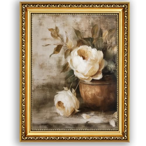 Vintage Framed White Rose Wall Art, Rustic Paintings for Living Room - color: White Peony, size: 12*16