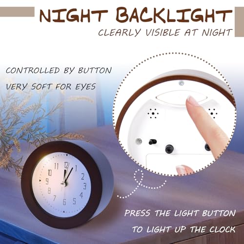 Wooden Analog Alarm Clock Silent Non-Ticking Desk Clock Battery Operated Table Clock with Nightlight for Bedroom,Children's Room, Living Room,Brown(4Inch) - color: Brown Wood