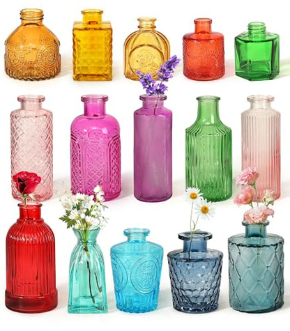 Set of 15 Colorful Glass Bud Vases Small Textured Flower Vases - color: Colorful