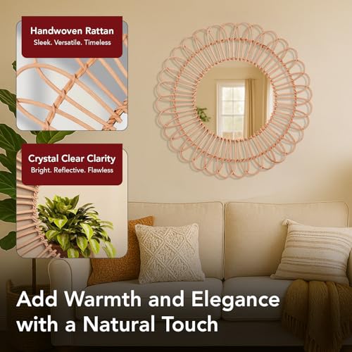 American Art Decor 25" Boho Woven Rattan Mirror - Round Decorative Wall Mirror - Rustic Farmhouse Small Hanging Accent Mirror for Living Room, Bedroom, Kitchen, Bathroom, Entryway